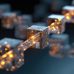 A series of interconnected abstract illuminated cubes are arranged in a chainlike formation