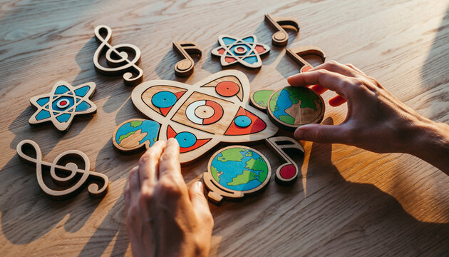 Engaging hands arrange a captivating wooden puzzle, intertwining scientific principles, global awareness, and musical creativity, inspiring holistic learning and discovery