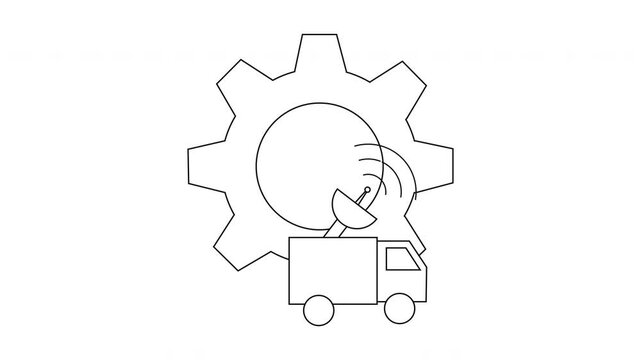 A linedrawing of a gear truck and satellite dish