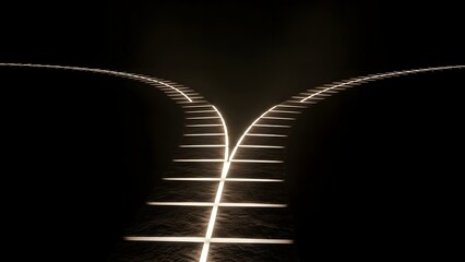 Abstract glowing fork in the road dividing into two paths in darkness, representing decision making, business strategy concepts, and choosing a future direction