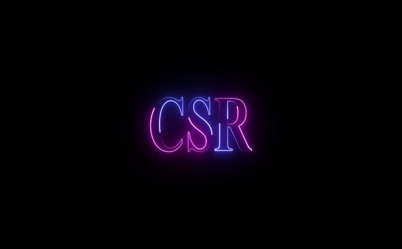 Glowing neon icon with bold CSR text represents corporate social responsibility, sustainability, ethics, community impact, and accountability through vibrant lines, modern style, and visual energy.
