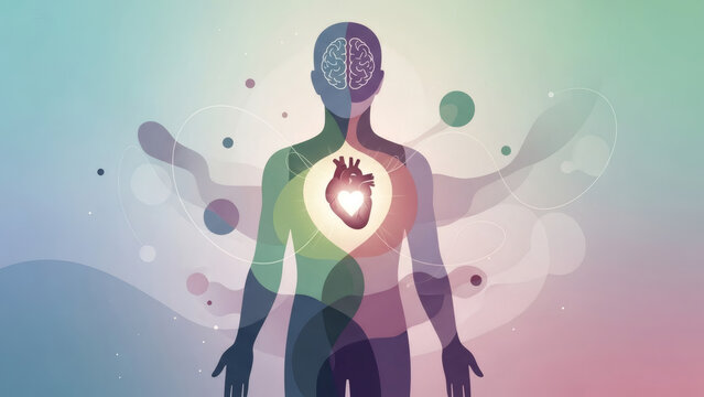 Vibrant abstract illustration of human holistic health, depicting the intricate mind-body connection and vital internal systems within a harmonious energetic aura