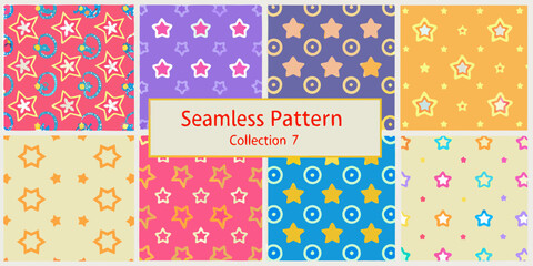 Colorful star patterns displayed in a seamless collection with various backgrounds