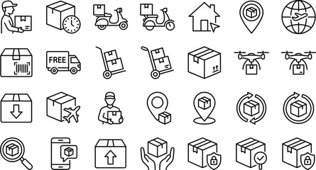 Delivery and logistics icon set featuring shipping boxes courier service warehouse distribution global transport package tracking drone delivery free shipping cargo and supply chain symbols © Atabur