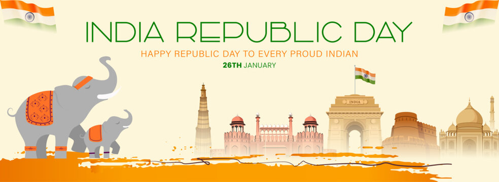 India National Day 20India Republic Day 26 January Banner with Indian Monuments, Tricolor Brush Stroke and Elephant Illustration