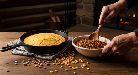 Appalachian Cornbread and Pinto Beans in Cast Iron Skillet