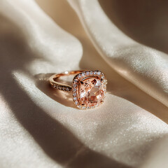 Rose Gold Cushion Cut Diamond Halo Engagement Ring on Silk jewelry gemstone isolated on a transparent background