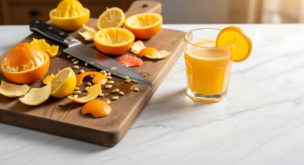 Freshly Squeezed Citrus Juice with Zest on Wooden Board and Marble Surface