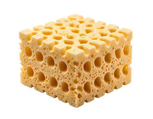 A square-shaped, porous yellow sponge with large circular openings