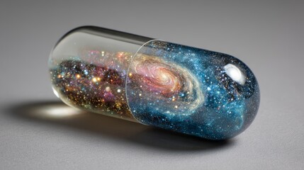 Transparent gel capsule containing galaxy nebula with cosmic dust