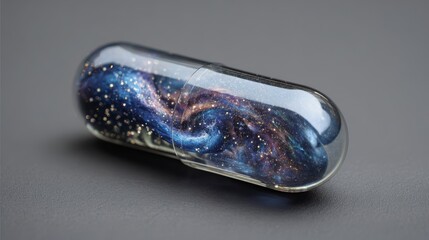 Transparent gel capsule containing galaxy nebula with cosmic dust