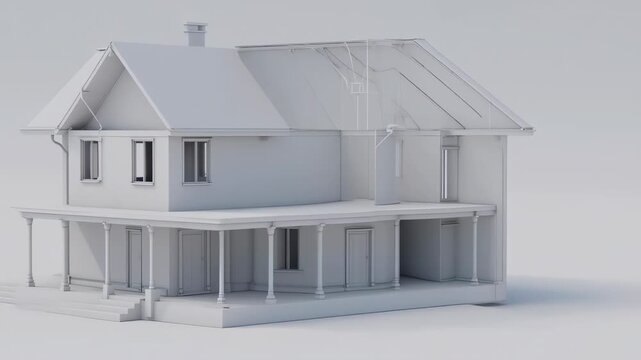 Rendered, gray-scale architectural model of a two-story house with a porch and partial roof skeleton