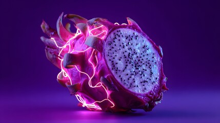 Vibrant dragon fruit with neon pink glow on purple background