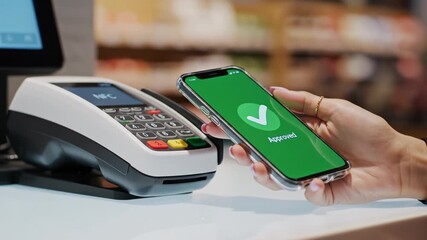 Hand using smartphone for contactless payment - Powered by Adobe