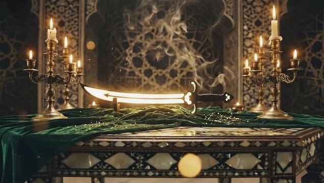 Ancient scimitar sword on green velvet cloth surrounded by lit candelabras in ornate setting