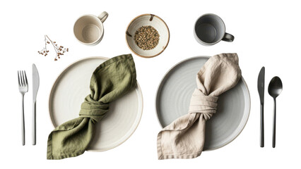 Top down flat lay composition of Scandinavian table setting with stoneware plates and linen napkins isolated on white background