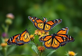 Fototapeta premium Six monarch butterflies clustered on milkweed, wings outstretched, orange, migration
