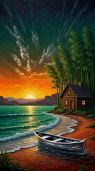 River side view of house and boat on the river