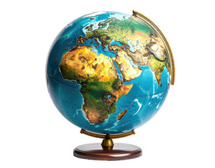 Detailed illuminated world globe on stand, highlighting continents