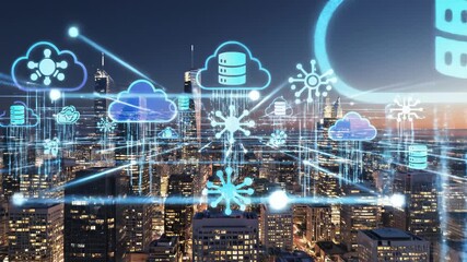 City skyline with cloud computing icons - Powered by Adobe