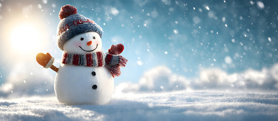 Fototapeta premium Cute snowman wearing red hat and scarf waving in snowy winter night scene
