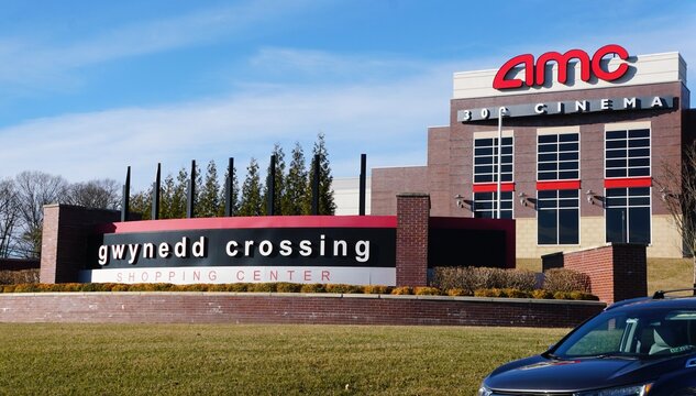 North Wales, Pennsylvania, U.S.A - Dec 13, 2025 - Gwynedd Crossing Shopping Center features AMC 309 Cinema and retail outlets in a suburban entertainment complex