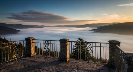 Majestic sunrise illuminating a serene mountain landscape, offering a breathtaking panoramic view from an ornate balcony overlooking a tranquil sea of misty clouds in the valley below