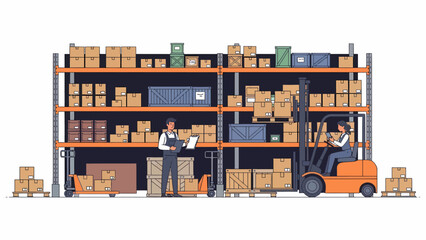 Warehouse team managing inventory with forklift and digital tablet