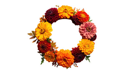 A vibrant ring of colorful floral blooms isolated against a stark black background, showcasing natural beauty