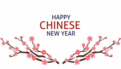 Happy Chinese New Year Greeting with Blooming Cherry Blossoms