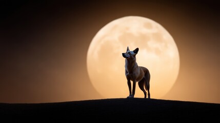 Fototapeta premium A silhouette of a fox stands on a hill against a large, glowing full moon, creating a dramatic and mystical atmosphere.