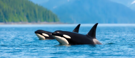 Obraz premium Two orcas swim gracefully in clear blue waters, surrounded by lush green forests and mountains, showcasing the beauty of marine life in a serene environment.