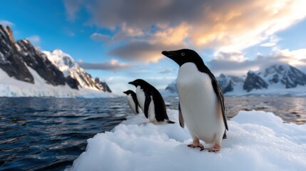 Fototapeta premium Three Adelie penguins stand on ice, surrounded by stunning mountains and a serene sea under a colorful sky, capturing a beautiful Arctic landscape.