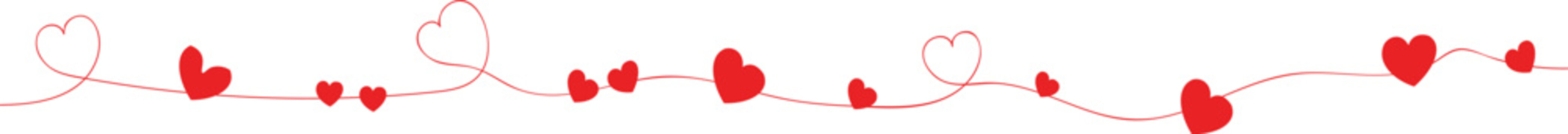 A simple, hand-drawn red heart string border on a clean white background, valentines day, featuring a mix of solid red hearts and delicate red outline hearts, romantic decorative element 