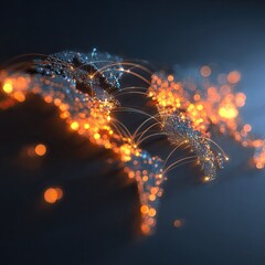 Abstract digital world map with glowing connections and bokeh effects on a dark background