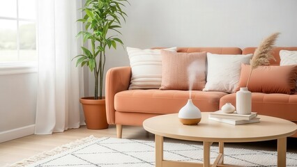 Cozy Modern Living Room Scene with Peach Sofa and Green Plant.