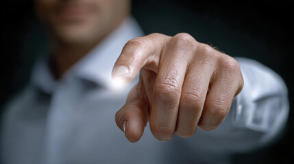 Hand touch digital screen interface glow, man finger point technology connection control, close up modern gesture concept