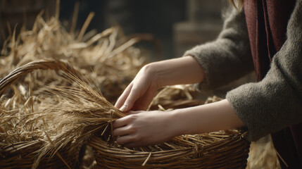 Hand wheat basket harvest straw grain woman rustic autumn harvest hand gather wheat into rustic basket with straw grain detail and soft natural