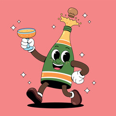 Champagne Bottle Character Celebrating with a Pop
