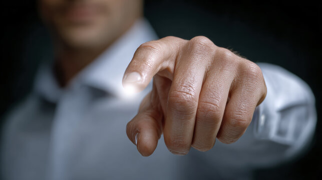 Hand touch digital screen interface glow, man finger point technology connection control, close up modern gesture concept - Powered by Adobe