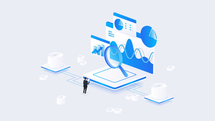 Stock market isometric of financial dashboard data analysis with charts, data search, and financial insight in blue digital style.