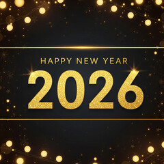 2026 Golden Number on Dark Christmas Background with Fireworks. Celebration New Year's Eve. Golden Fireworks on Dark Night Sky