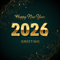 2026 Golden Number on Dark Christmas Background with Fireworks. Celebration New Year's Eve. Golden Fireworks on Dark Night Sky