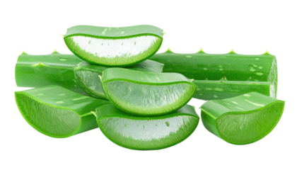 Close-up of sliced, vibrant green succulent plant pieces, revealing a translucent, juicy inner gel against a black background