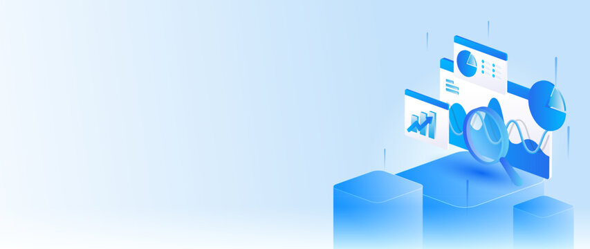 Isometric stock market data analysis with magnifying glass, business financial analytics dashboard, and stock market research concept web banner.