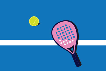 A stylish vector shows a pink padel racket and ball resting on a padel court, capturing sporty elegance, modern energy, and passion for padel through a clean athletic design.