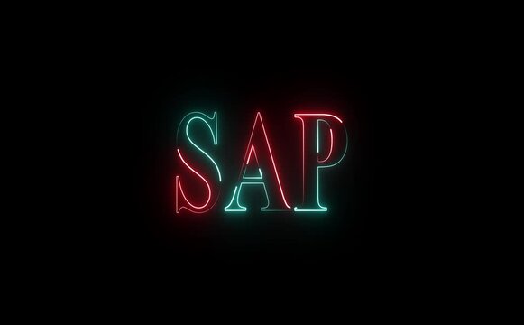 Neon SAP text icon flickers on, glowing outlines animate smoothly, representing enterprise innovation, data flow, digital transformation, and intelligent business solutions in a futuristic interface.
