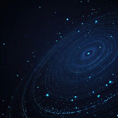 An array of spiraling blue dots and lines against a dark background creating a sense of depth and cosmic scale