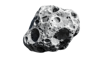 A close-up view of a gray, pockmarked celestial body isolated against a black background, with many craters of varying sizes