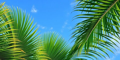 Majestic Fiji fan palm leaves, lush green fronds against vibrant sky,   texture,   summer